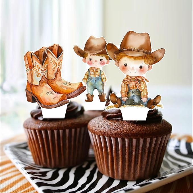 48pcs Western Cowboy Theme Cupcake Toppers for Boy Little Cowboy Baby Shower Cupcake Decorations for First Rodeo Birthday Party A Little Cowboy is On The Way Party Supplies