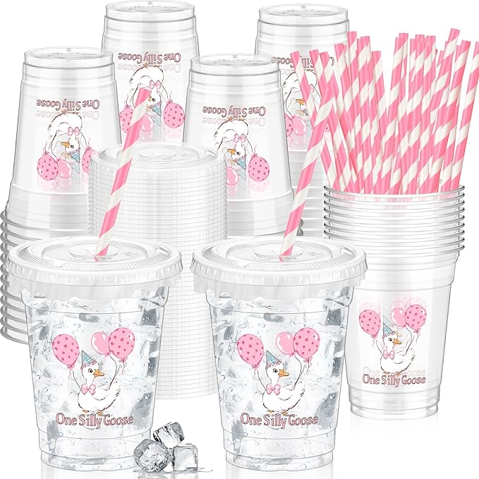 Domensi 50 Pcs One Silly Goose Birthday Party Plastic Cup 12 oz Pink Bow Goose Thick Clear Cup Mugs First Birthday Table Decorations Party Favor