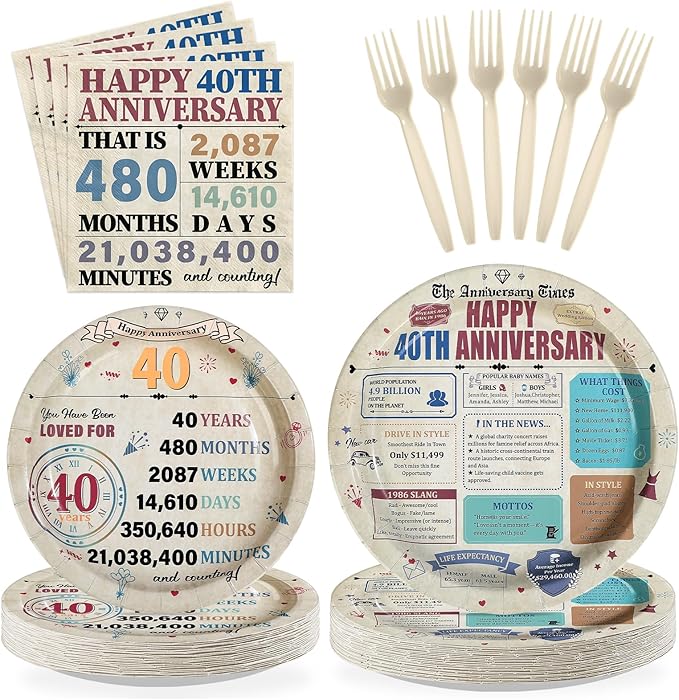 96Pcs 40th Anniversary Party Decorations Retro 40 Years Wedding Aday Plates and Napkins Happy 40th Anniversary Disposable Tableware Set for Vintage 40 Year Wedding Party Supplies Serves 24
