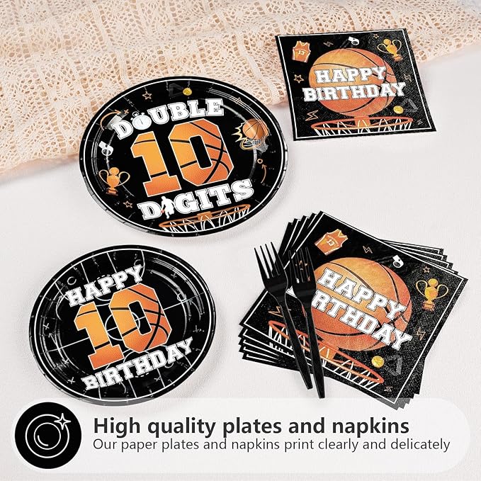 96pcs 10th Birthday Party Supplies Basketball Plates and Napkins Disposable Basketball Sports Theme Tableware Set for Boys Kids 10 Years Old Happy Birthday Party Decorations, Serves 24