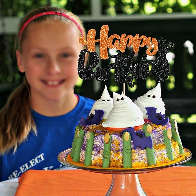 Ephlyn 1Pcs Happy Birthday Cake Topper Glitter Happy Birthday Cake Pick for Halloween Baby Shower Theme Anniversary Party Cake Decorations Supplies Black Orange