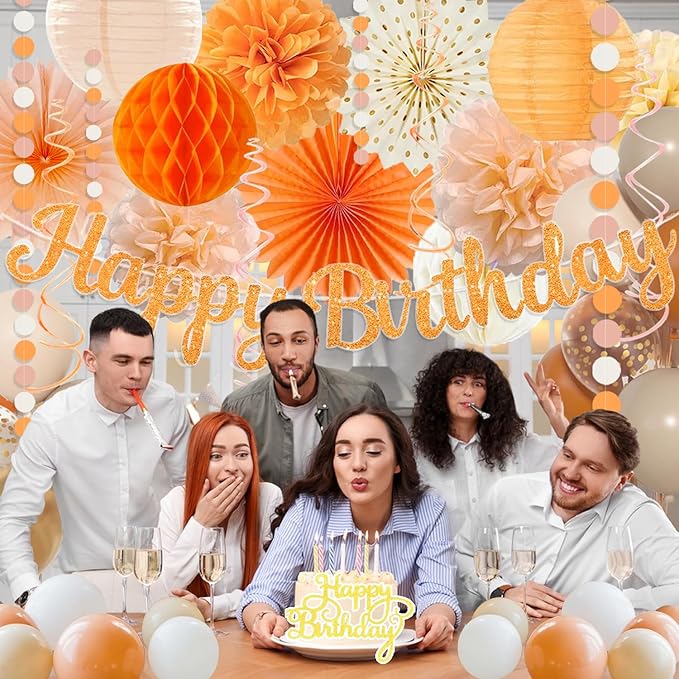 Orange-Peach Fall Boho Birthday Party Decorations - 62pcs Happy Birthday Banner, Beige Rustic Paper Lanterns, Streamers, Tissue Pom Poms, Burnt Orange Apricot Party Balloons, Fall Backdrop Decor