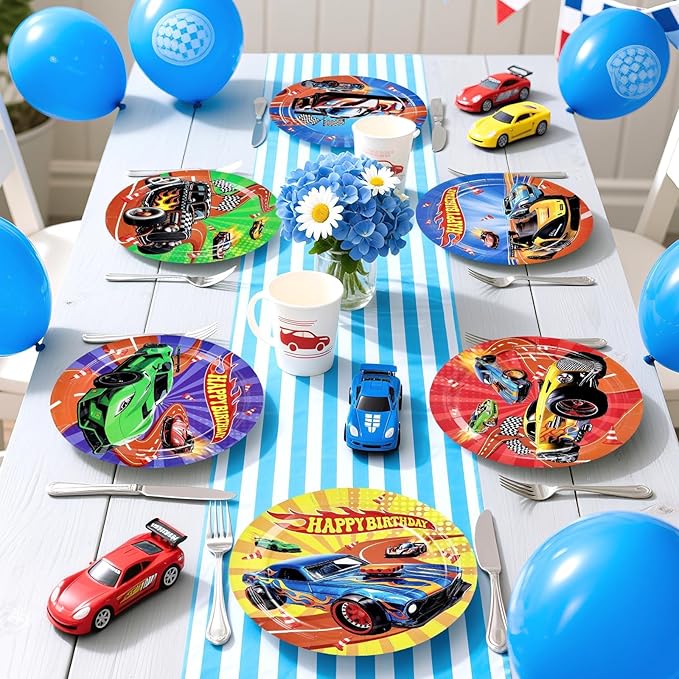 Grencian 60Pcs Hot Car Birthday Party Paper Plates 9" Heavy Duty Disposable Racing Car Dessert Platters Plates Hot Cars Decorations for Boys Kids Birthday Race Sports Game Themed Party Decoration