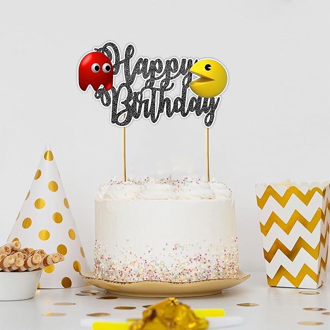 "Pacmn Ghost Happy Birthday Cake Topper – Retro Arcade Game Theme Party Decoration – Fun Gamer Birthday Cake Topper Boys, Girls, Teens, and Adults – Classic Video Game Birthday Party Supplies"