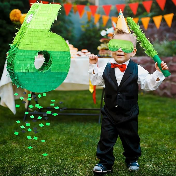 Number Piñata Decorations 16 Inch Gradient Green Piñata with Blindfold Stick and Confetti for Birthday Baby Shower Safari Jungle Themed Party Supplies Centerpiece(Number 6)