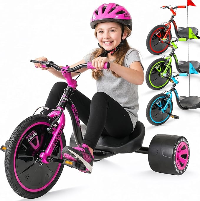 Drift Trike for Kids Ages 5+ – 16" Front Wheel Ride-On with Adjustable Seat, Steel Frame, Rear Slick Drift Wheels & Safety Flag – Madd Gear (Black/Pink)