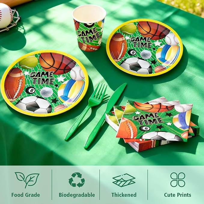 144Pcs Sport Ball Birthday Party Supplies Decorations Ball Themed Paper Plates Napkins Vintage Party Tableware Disposable Dinnerware for Men Boy Birthday Baby Shower Table Decor, Serve 24