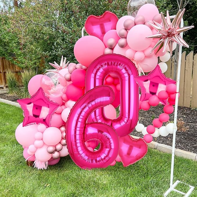 40 Inch Number Balloons Hot Pink 6 Large Number Balloon Anniversary Event Celebration Bachelorette Cowgirl Let's Go Girls Pink Themed 6th Birthday Party Decor Supplies 9 Pcs