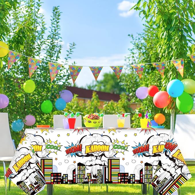 3 Pieces Super Theme Hero Tablecloths Hero Themed Birthday Party Supplies Heroes Action Sign Plastic Table Cover Fun Super Tablecover for Happy Birthday Baby Shower Party Decorations