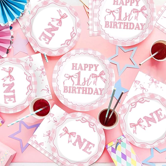 96Pcs Pink Bow 1st Birthday Party Decorations Cute Coquette Birthday Plates and Napkins Pink and White Gingham Plaid Tableware Sets for Girls Baby Shower Picnic BBQ 1st Birthday Party Supplies Serve24
