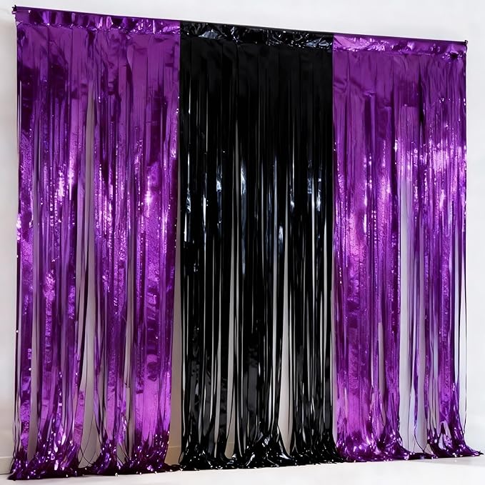 3 Packs Purple Black Foil Fringe Curtains, Birthday Party Decorations Backdrop Tinsel Steamer, Wedding Engagement Bridal Shower Party Decorations Retirement Decor Graduation Party Backdrop
