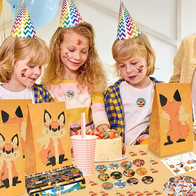 110Pcs Fox Birthday Decorations Fox Party Favors with Slap Bracelets Keychain Temporary Tattoo Stickers Badges Gift Bags for Kids Woodland Baby Shower Jungle Safari Party Supplies
