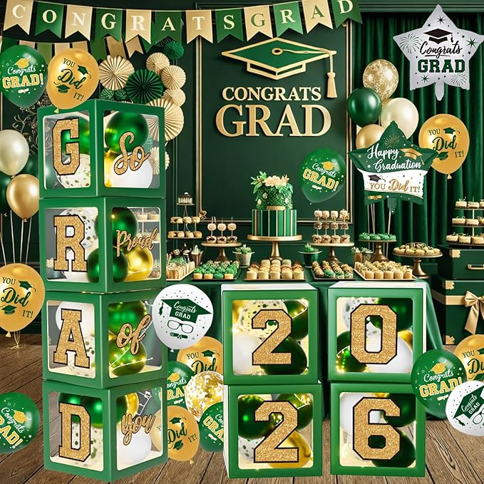 Graduation Decorations 2026 - Green and Gold Graduation Decorations - Set of 4 Balloons Boxes with Letters 2026 GRAD So Proud of You, Congrats Grad Party Decorations for Any Grades