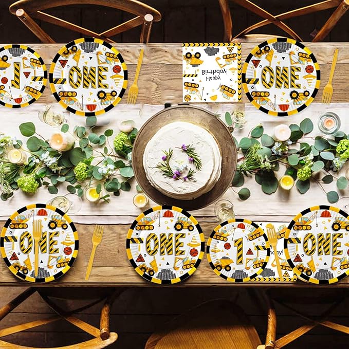 118 Pcs Construction 1st Birthday Party Decor Dump Truck One Years Old Disposable Paper Plates Napkins Forks Cups Tablecloth Banner Dinnerware for Im Digging Being 1 Bday Baby Shower Party Supplies
