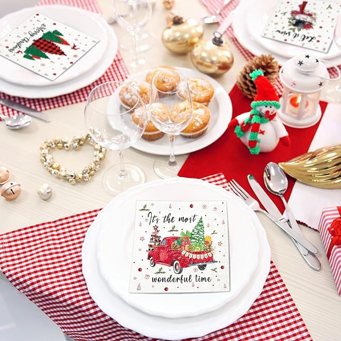 200 Pcs Christmas Cocktail Napkins, 5x5" Xmas Tree Santa Snowman Paper Napkins for Holiday, Winter & New Year Party