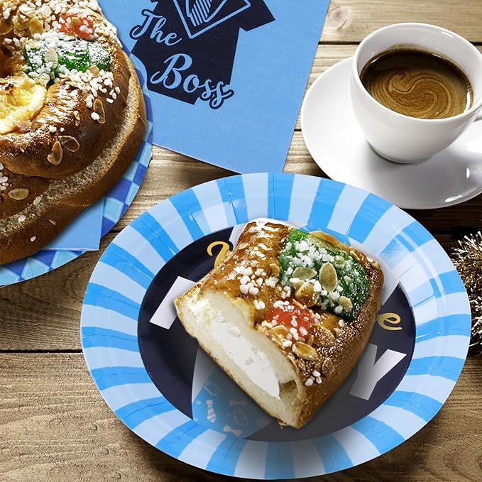 Serving 12 Guests Boss Birthday Party Supplies Serving - 7in Paper Plate Trays and 4.9in Tissue Napkins, for Boy Black Blue Bday Baby Shower Decorations
