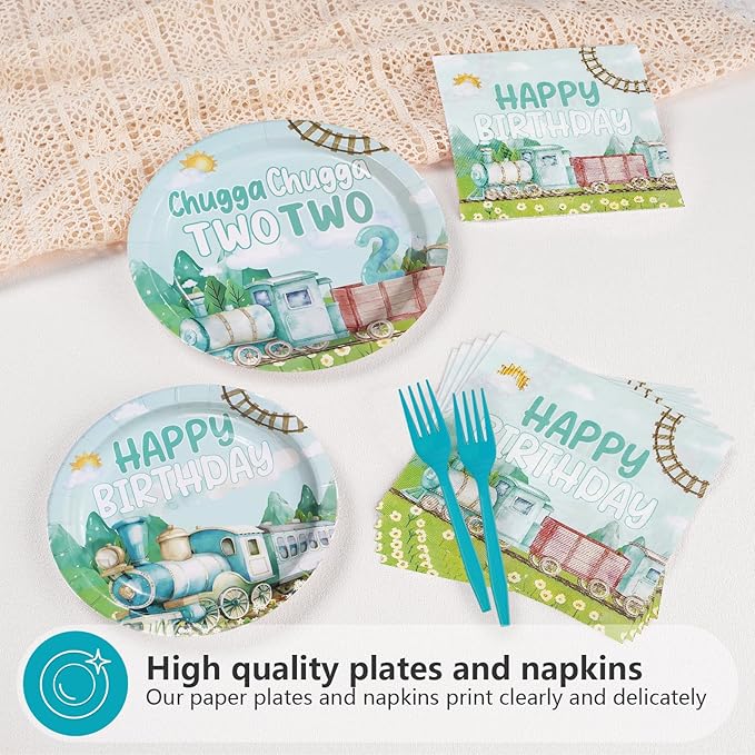 96 Pcs Chugga Chugga Two Two Birthday Decorations Disposable Blue Train 2nd Paper Plates and Napkins Transportation Choo Choo I'm 2 Tableware Set for Boy 2 Year Old Birthday Party Supplies Serves 24