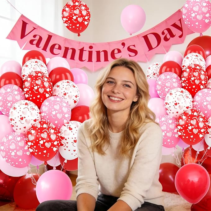 Red and Pink Balloons, 50 Pcs 12 Inch Pink and White Heart Printed Latex Balloon, Red Helium Heart Balloons, for Valentine’s Day Wedding Engagement Anniversary Baby Shower Birthday Party Decorations