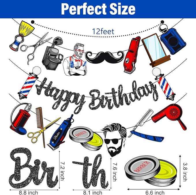 Barber Banners 3Pcs Hairdresser Party Decorations Glitter Black Barbershop Happy Birthday Banner Hairstylist Party Supplies for Barber Lovers Decor