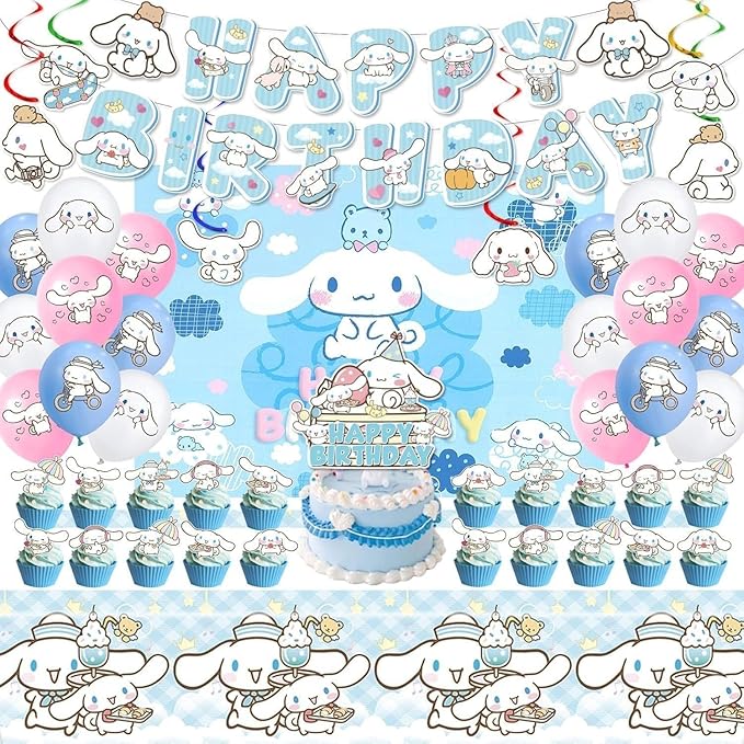 49 Psc For Cinnamoroll Birthday Decorations, Party Supplies Set Include Banner, Backdrop, Balloons, Hanging Swirls, Cake Cupcake Toppers, Tablecloth for Kids Cinnamoroll Theme Party