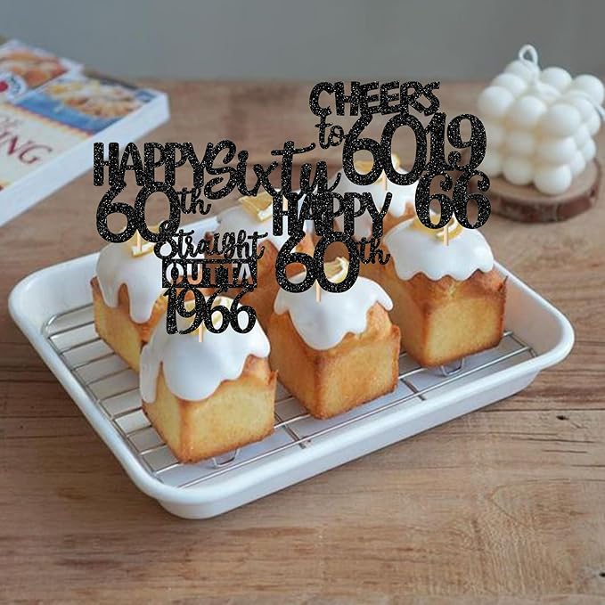 30PCS Black 60th Birthday Cupcake Toppers Glitter Sixty Happy 60 Straight Outta 1966 Cupcake Picks for Cheers to 60 Years 60th Birthday Wedding Anniversary Party Decoration Supplies