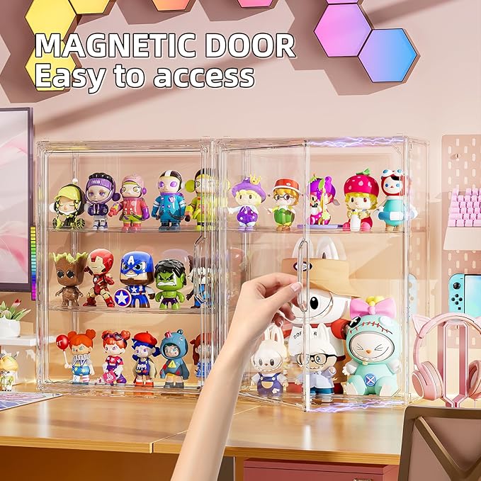 Clear 3 Tiers Acrylic Display Case for Figures Collectibles 1 Pack Wall Mounted Hobby Figurine Display Case with Shelves, Display Shelf Storage Box for Action Figures, Car Model