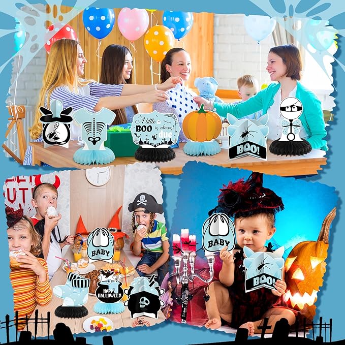 12 Pcs Blue Halloween Baby Shower Decorations a Little Boo Is Almost Due Honeycomb Centerpieces Bat Ghost Skull Halloween Baby Shower Table Decoration Table Topper for Party Favors