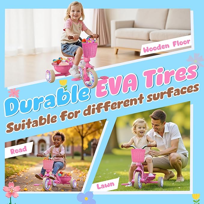 Toddler Tricycle for 1-3 3-5 Year Olds, 2 3 4 5 Year Old Girl Birthday Gifts, Pink Toddler Baby Bike, Outdoor Riding Toys for Ages 2-4, 4-Level Adjustable Seat, 3 Color Light Wheels, 2 Baskets