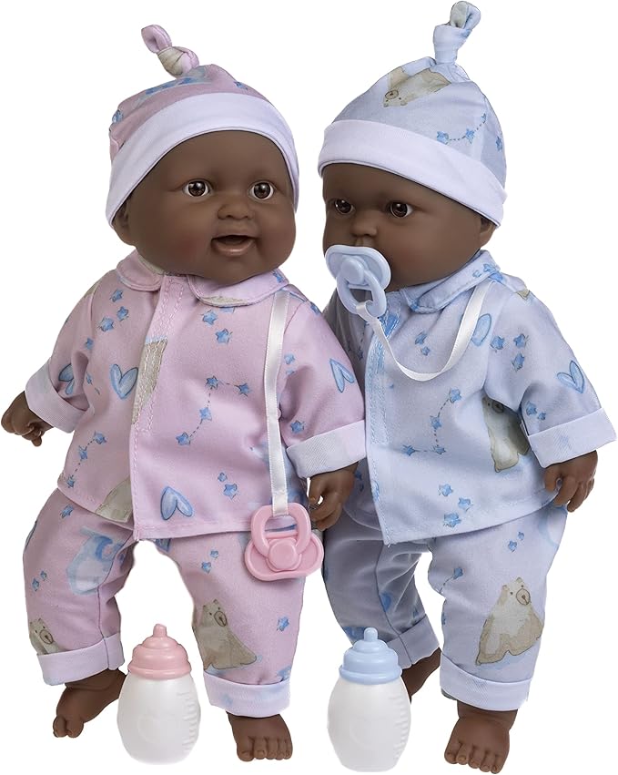 JC Toys Twins 13" Realistic Soft Body Baby Dolls Berenguer Boutique | Twins Gift Set with Removable Outfits and Accessories | Pink and Blue | African American | Ages 2+