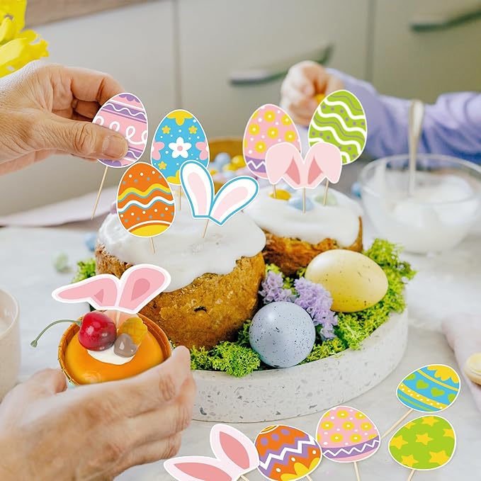 36pcs Easter Cupcake Toppers, 12 Kinds Easter Cake Topper Decorations, Paper Colorful Easter Eggs Bunny Ears Cake Topper Decor, Single Sided Printing Spring Party Desserts Cupcake Topper Decoration