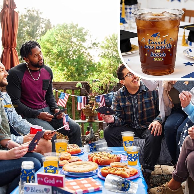 GuassLee Blue and Gold Graduation Decorations 2026 Party Cups - 50pcs 12 Oz Blue Gold Yellow Disposable Graduation Plastic Cups for Drinks Class of 2026 Grad Party Favors Supplies