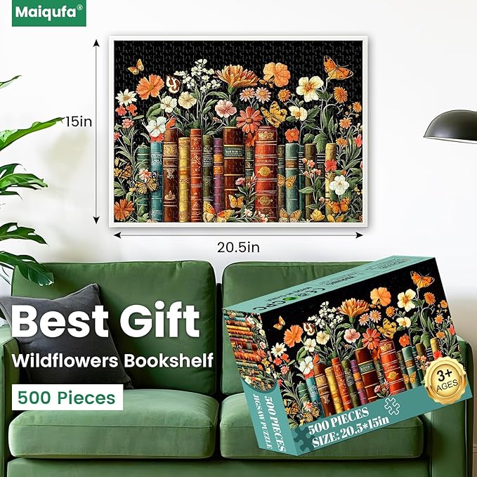 500 Piece Puzzle for Adults | Vintage Wildflowers Books Puzzle | Recycled Cardboard Plant Flowers Jigsaw Puzzle 500 Pieces | Challenging Game Home Decor Birthday Party Gift Toy for Adults Seniors