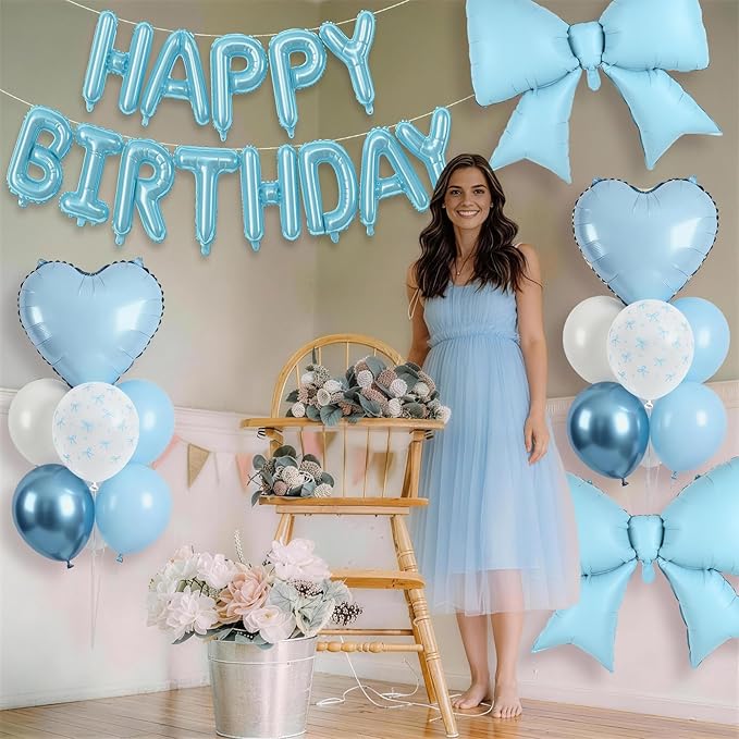 Blue Bow Birthday Decorations Pastel Baby Light Blue Metallic White Bows Print Party Balloon Happy Birthday Banner 38 In Coquette Foil Balloons Heart Balloon for Men Boys Bday Party Supplies