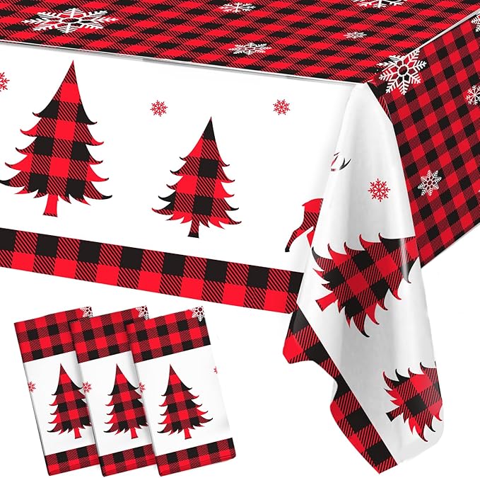 3PCS Christmas Tablecloth, Red and Black Buffalo Plaid Rectangular Plastic Christmas Tablecloth, Winter Snowflake and Reindeer Disposable Waterproof Table Cover for Party Dinner Decor, 51.2x 86.6inch