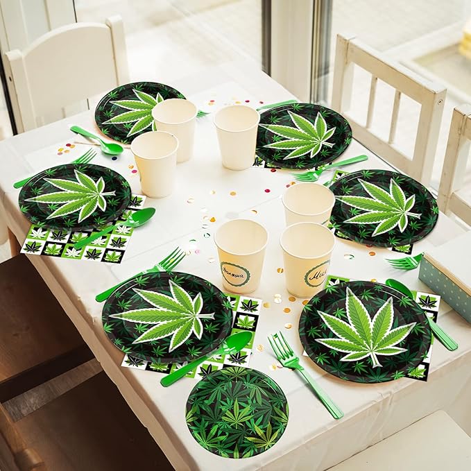 gisgfim 96 Pcs Weed Themed Plates and Napkins Party Supplies Green Pot Leaves Birthday Tableware Set Weed Party Decorations Favors for Adults Birthday for 24 Guests