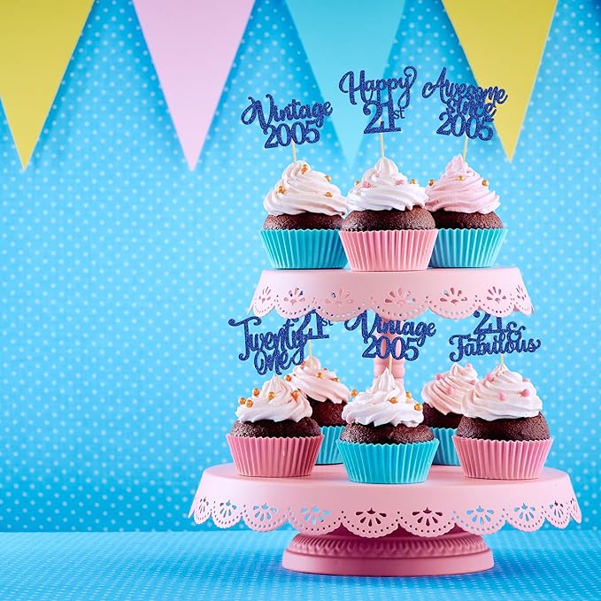 Ephlyn 30Pcs Happy 21st Birthday Cupcake Toppers Glitter Twenty-one 21 Fabulous Vintage 2005 Cupcake Picks for 21st Birthday Anniversary Retirement Party Cake Decorations Supplies Dark Blue