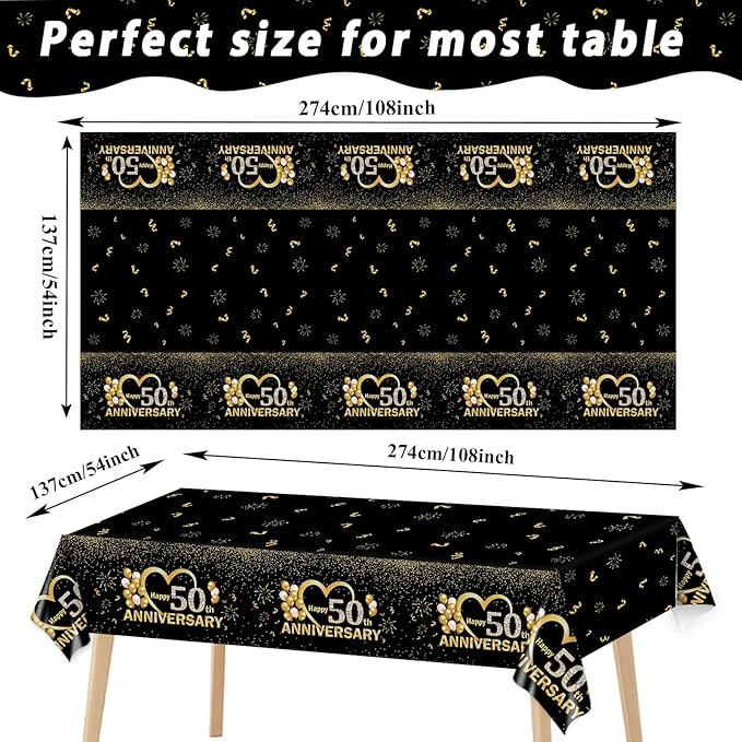 3pcs Happy 50th Anniversary Tablecloths Black Gold Table Covers 50th Wedding Anniversary Party Supplies for Parents Cheer to 50 Years Party Decorations and Plastic Disposable Favors,108*54 inch