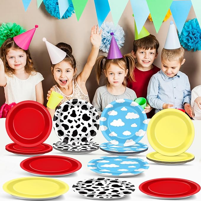 48Pcs Cartoon Story Birthday Party Paper Plates for Toy Inspire Game Story Table Supplies 7" Cow Print Sky Blue Cloud Disposable Dessert Tableware for Kids Birthday Baby Shower Party Decorations
