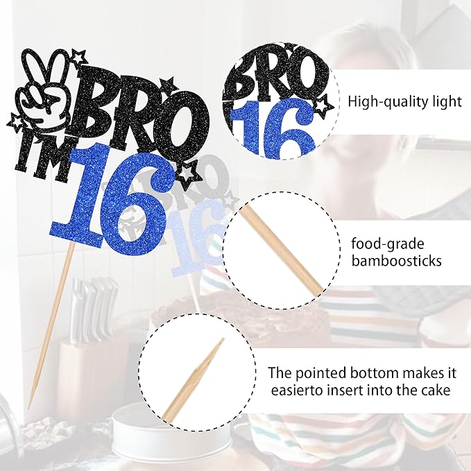 1 PCS Brother I'm 16 Cake Topper Glitter Star Happy 16th Birthday Cake Pick Bro I'm 16 Cake Decoration It's My 16th Birthday Decorations for Boys Cheers to 16 Years Old Birthday Party Supplies Blue