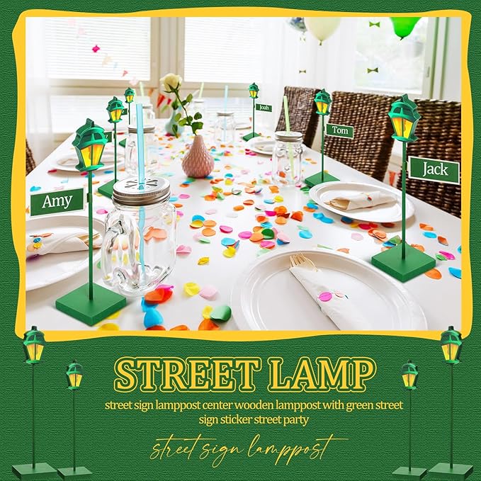 6 Pcs Street Sign Lamp Post Centerpiece Wooden Lamp Post with Street Party Sign Sticker for Toy Decor Friend Birthday Party Supplies Decoration(Green)