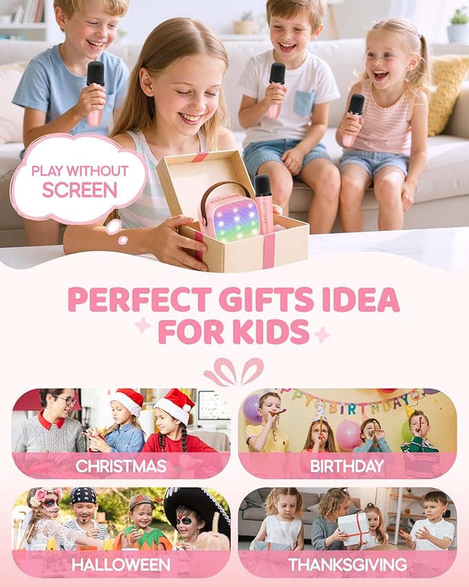 Upgraded Mini Karaoke Machine with 4 Wireless Microphones Toy for Kids, 2026 Top Birthday Gifts for Girls Boys, Portable MP3 Player for Ages 3, 4, 5, 6, 7, 8, 9, 10, 11, 12+ Year Old Party (P-Ink)
