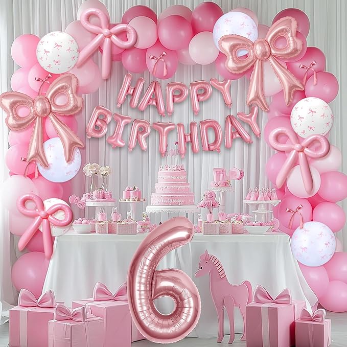 Bow Number 6 Birthday Balloons, 40" Pink Aluminum Foil Balloons Happy Birthday Balloon for Girl 6th Birthday Party, Princess, Coquette Party Decorations Supplies
