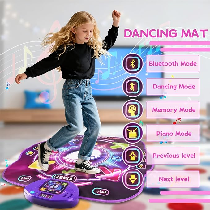Dance Mat Toys for 3-12 Year Old Kids, Dancing Music Playmat with Light-Up Wireless Bluetooth with 5 Game Modes, Electronic Dance Pad Toys with Adjustable Volume, Birthday Gifts for Girls 3 4 5 6 7 8