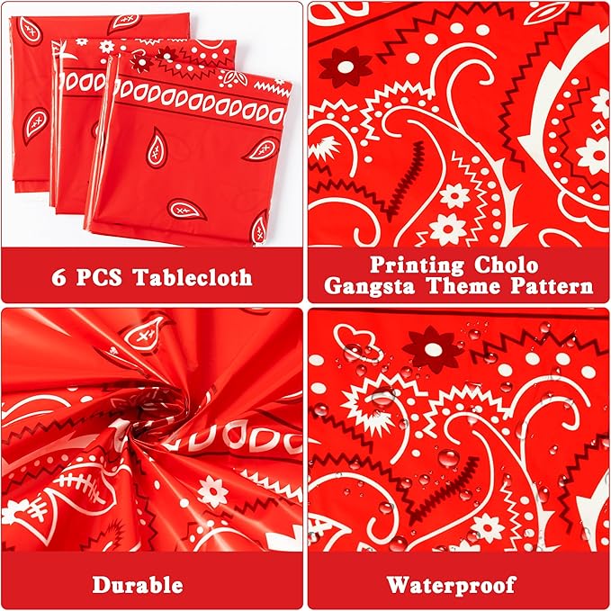 K1tpde 6PCS Bandana Party Tablecloths, Cholo Gangsta Theme Table Covers,Bandana Plastic Waterproof Tablecloth, Western Party Decorations Supplies for Adult, Red