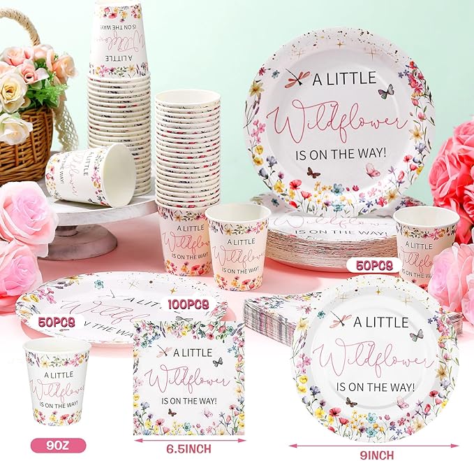 Hushee 200 Pcs Baby in Bloom Baby Shower Paper Plates Napkins Cups Wildflower Party Supplies Tableware Set a Little Wildflower Is on The Way Disposable Plates for 50 Guest Spring Summer Party Decor