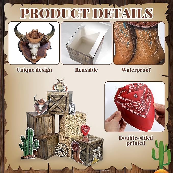 15 Pcs Western Cowboy Party Decorations Rustic Wooden House Barn Backdrop Wild West Hay Bales Boxes Trunk or Treat Car Decor for Halloween Farm Fall Harvest Thanksgiving Rodeo Birthday Party Supplies