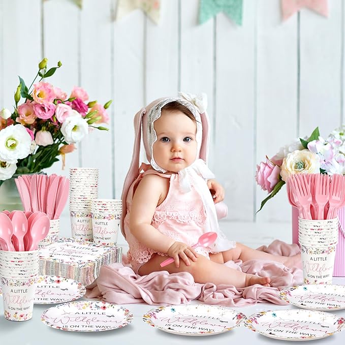Dandat 350 Pcs Baby Shower Plates Set Baby Shower Party Supplies Serves 50 Tableware Sets Include Plates Napkin Cup Forks Knives Spoons Disposable Dinnerware(Wildflower,Pink)