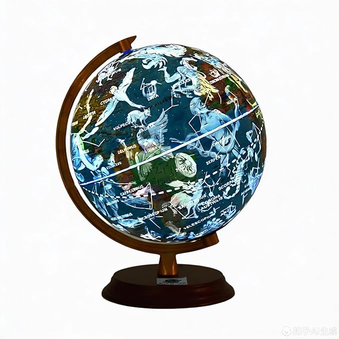 8-Inch LED Animal Constellation Globe for Kids, Education World Globe with Wood Base and Metal Meridian, Night Light Starry Sky & Daytime Map, STEM Learning Tools (Blue, 8 Inch)