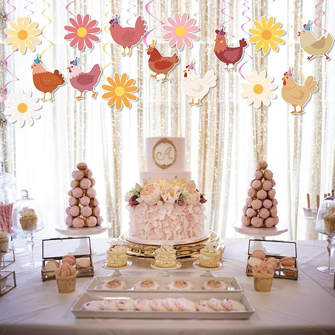 Chicken and Daisy Hanging Swirls Chicken Birthday Decorations 20PCS Daisy Chick Ceiling Hanging Decor Farm Animals Streamers for Boys Girls Boho Floral Hen Baby Shower Party Supplies