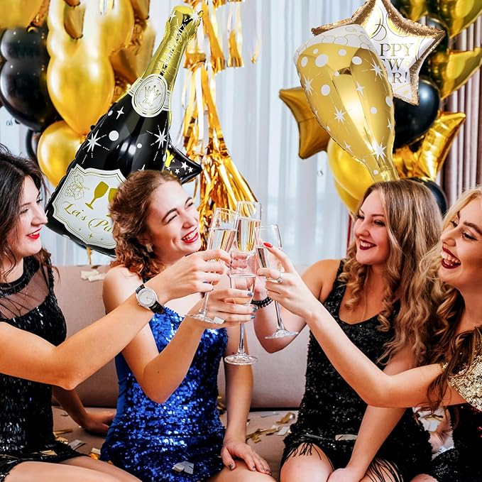 4 Pcs Champagne Balloons, Huge Black Gold Champagne Bottle Goblet Aluminum Foil Balloons for Birthday, Bachelorette, Graduation, Anniversary, 2026 New Years Eve Party Decorations Supplies